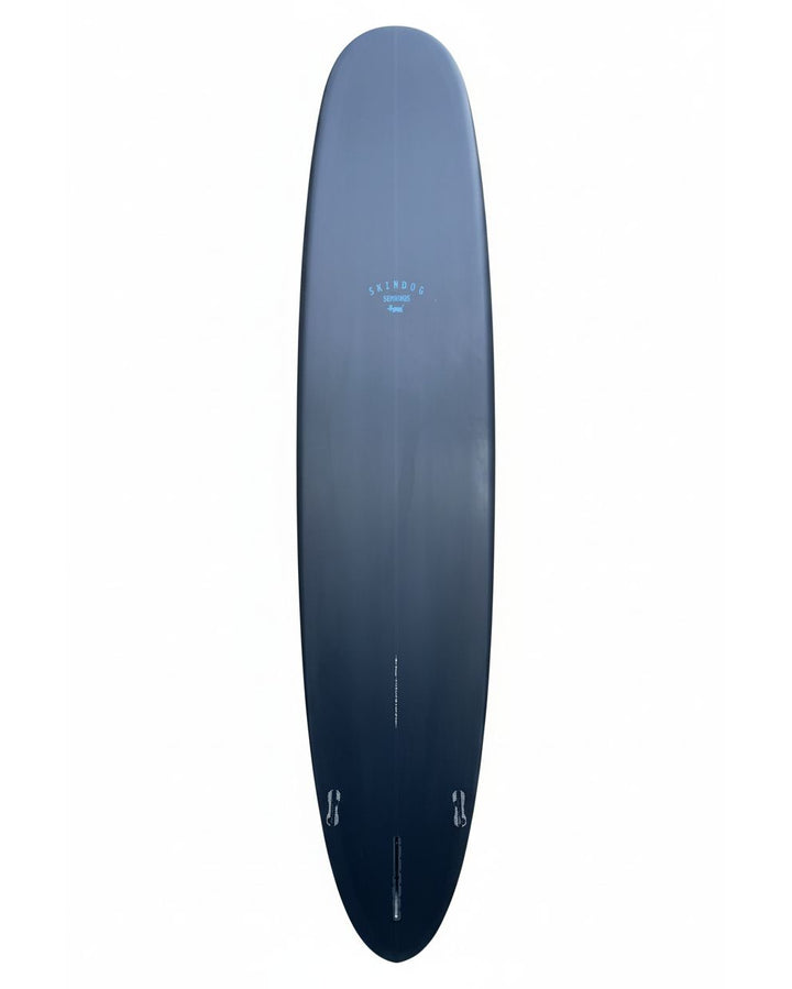 Long black surfboard on a white background