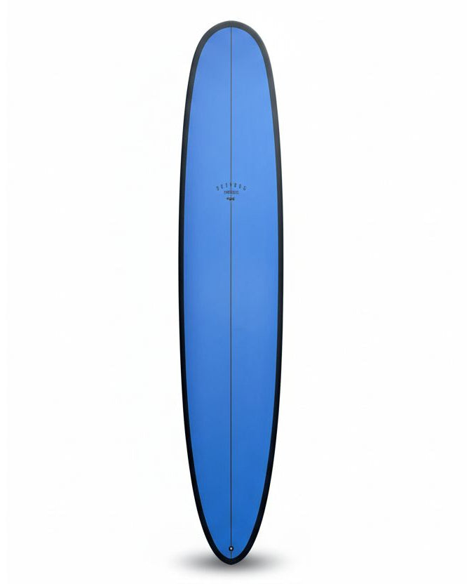 Blue surfboard with black rails on a white background