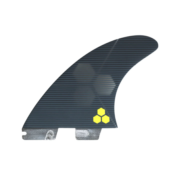 Surfboard fin with a yellow logo on a white background