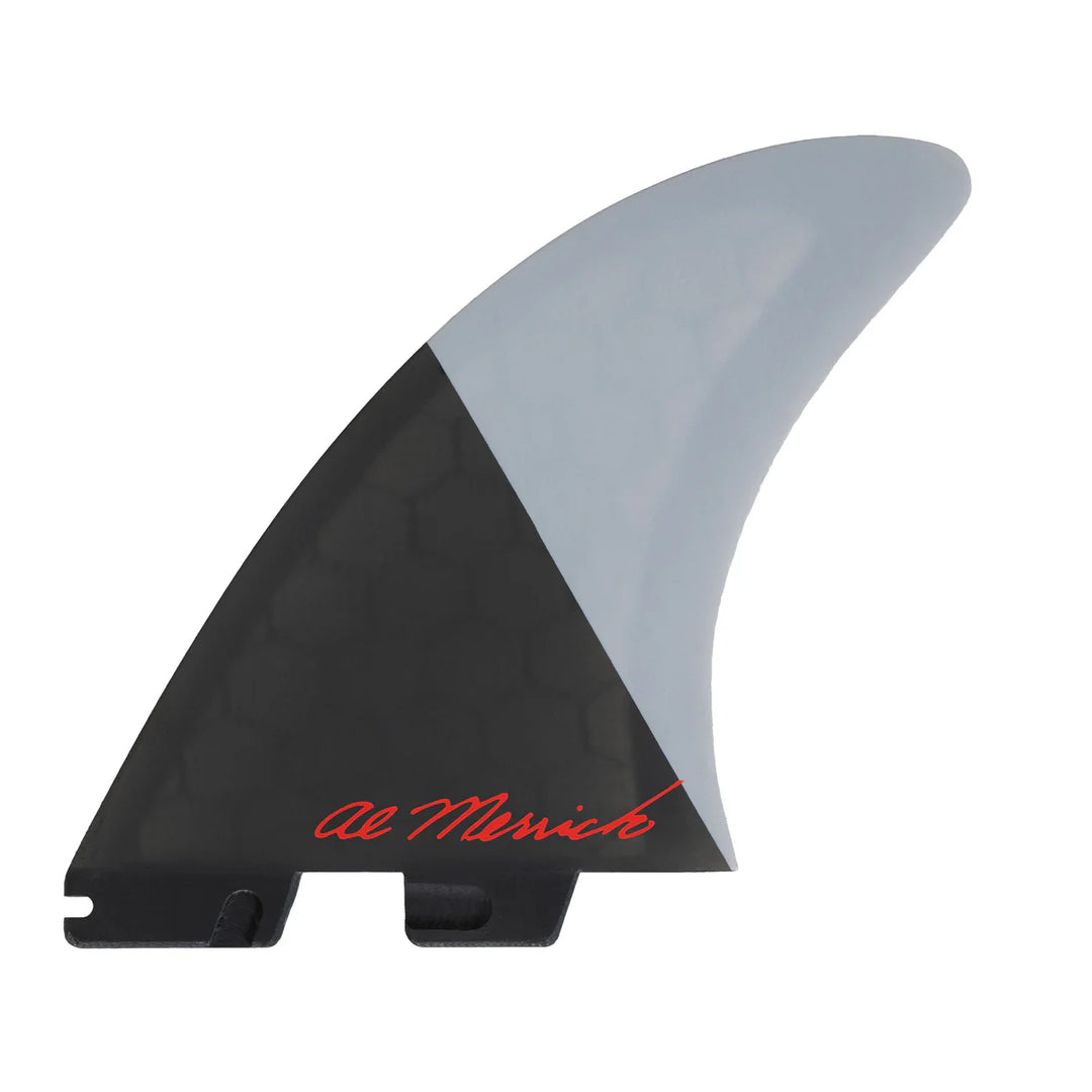 Black and grey surfboard fin with &