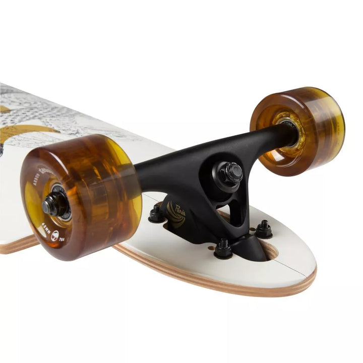 Close-up of a skateboard with transparent wheels on a white background