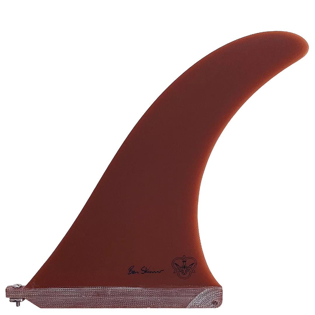 Brown surf fin with branding on a white background