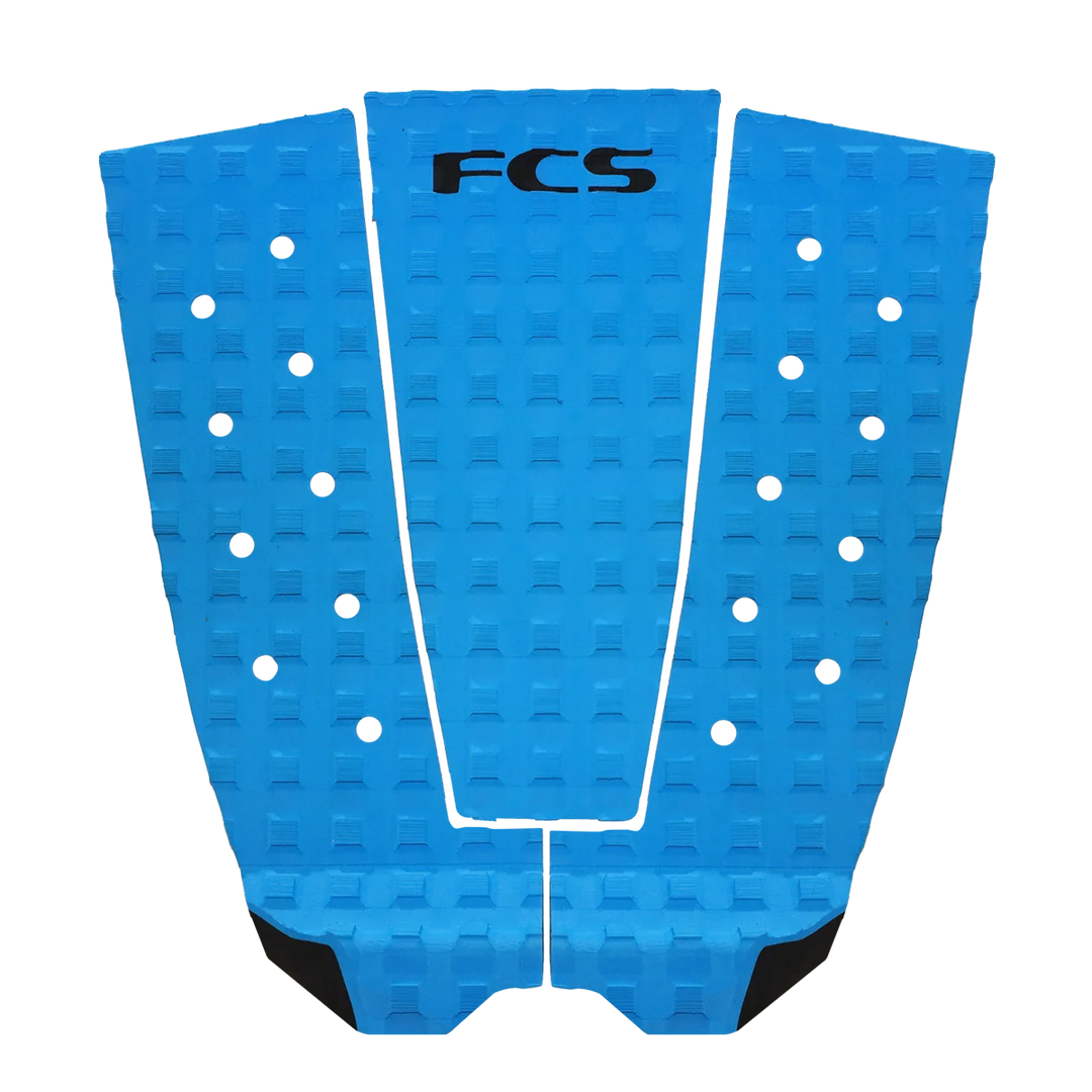 FCS C3 Classic Tail Pad in blue, showing the three-piece design, square groove texture, perforations and raised tail kick.