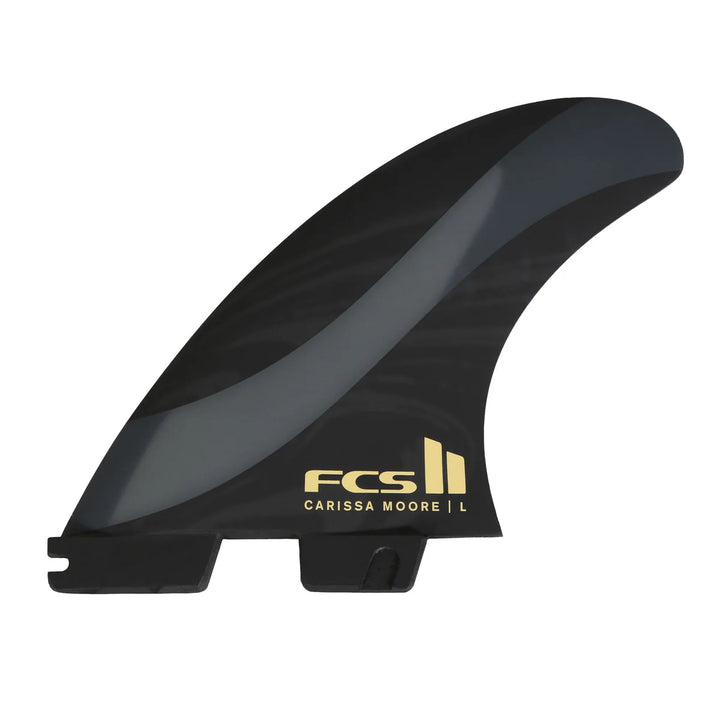 Black surf fin with gold branding on a white background