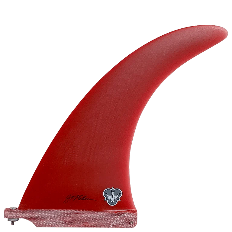 Red surfboard fin with a logo on a white background