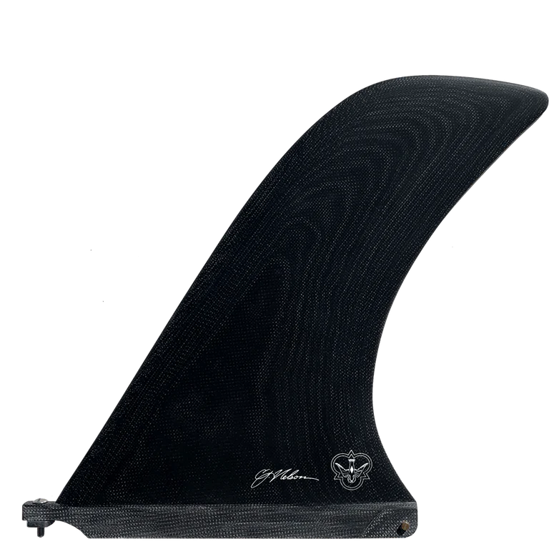 Black surf fin with branding on a white background