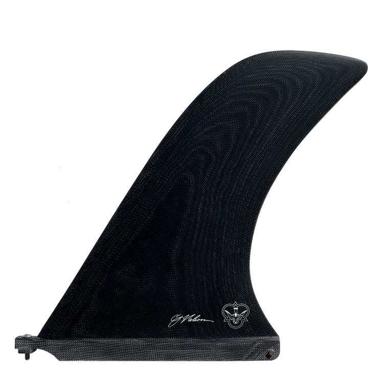 Black surf fin with branding on a white background