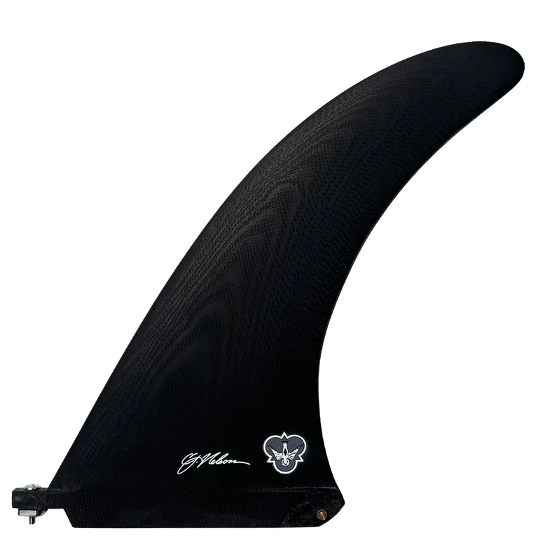 Black surf fin with branding on a white background