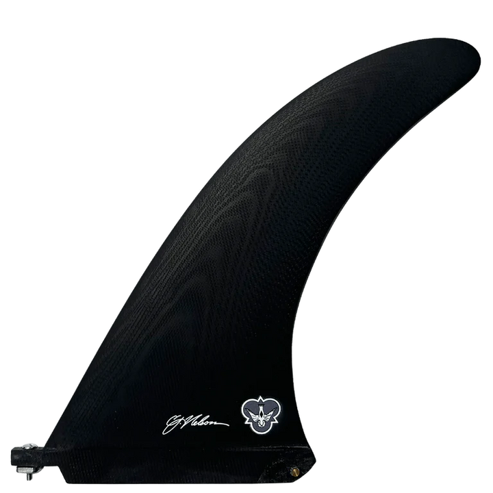 Black surf fin with branding on a white background