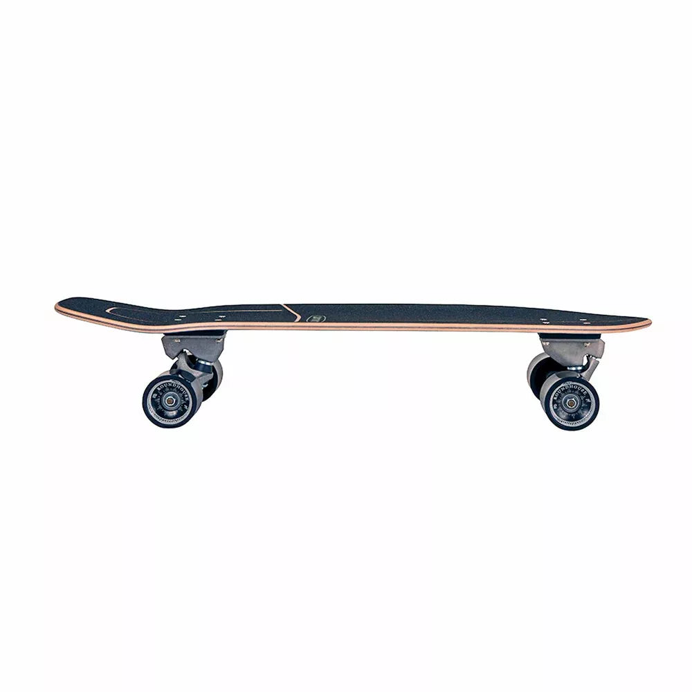 Carver skateboard with a black deck and four wheels on a white background