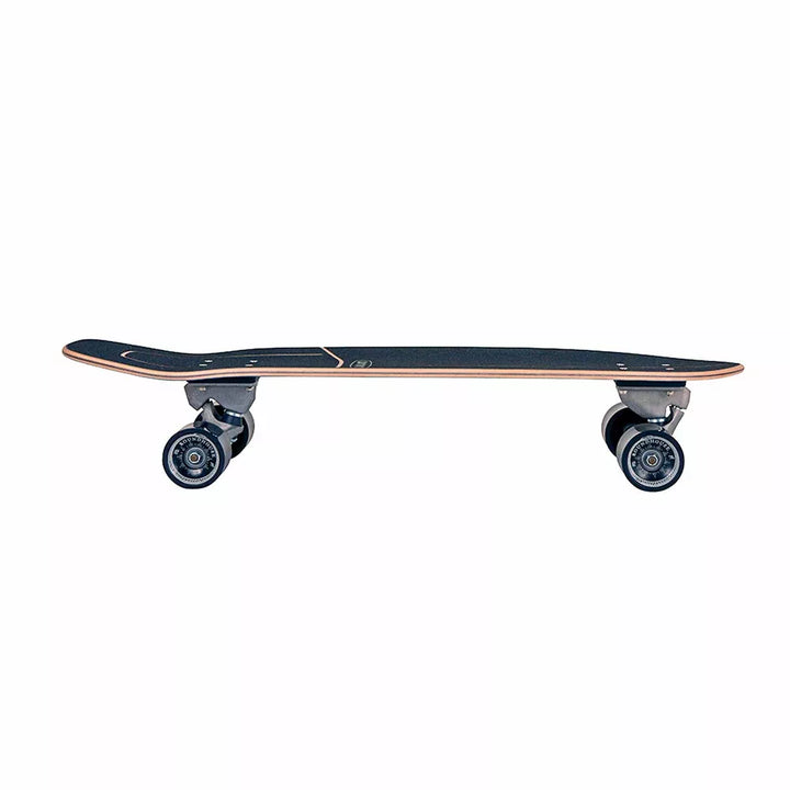 Carver skateboard with a black deck and four wheels on a white background
