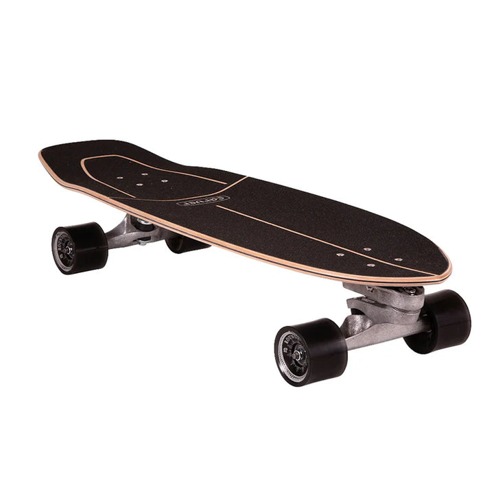 Black skateboard with wooden deck on a white background