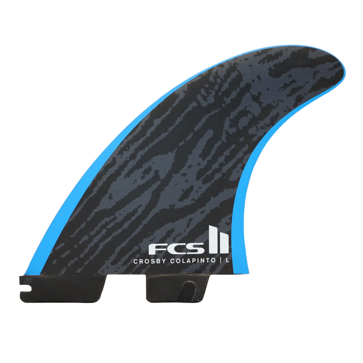 Black and blue surfboard fin with FCS logo on a white background