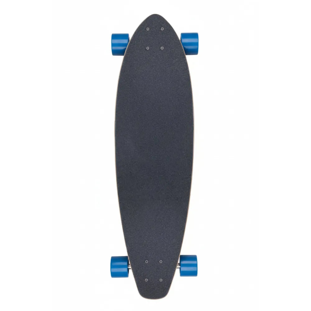 Longboard with a black deck and blue wheels on a white background