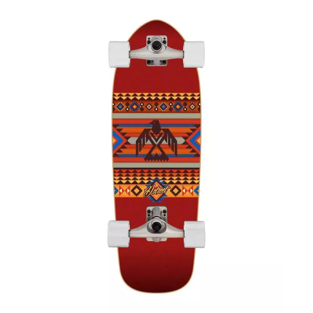 Skateboard with a red deck featuring an tribal pattern on a white background