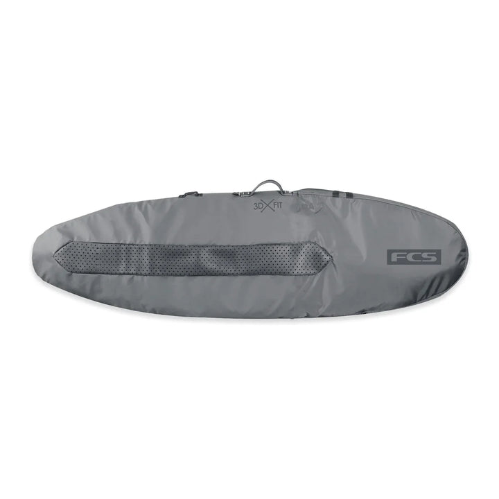 Grey surfboard cover with FCS logo on a white background