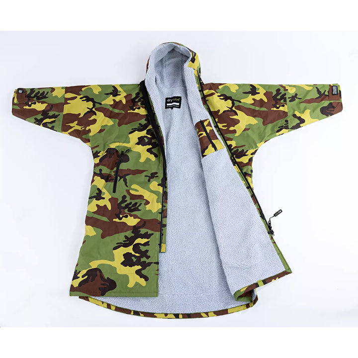 Camouflage-patterned Dryrobe with a light grey interior on a white background