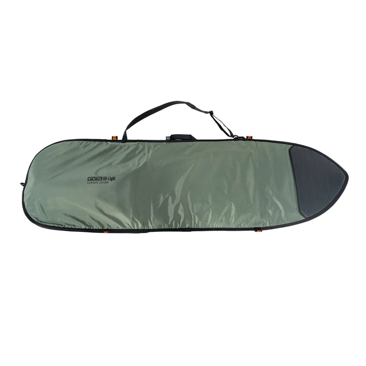 Side profile of a green FCS Go-Lite surfboard bag, showing handle and strap.