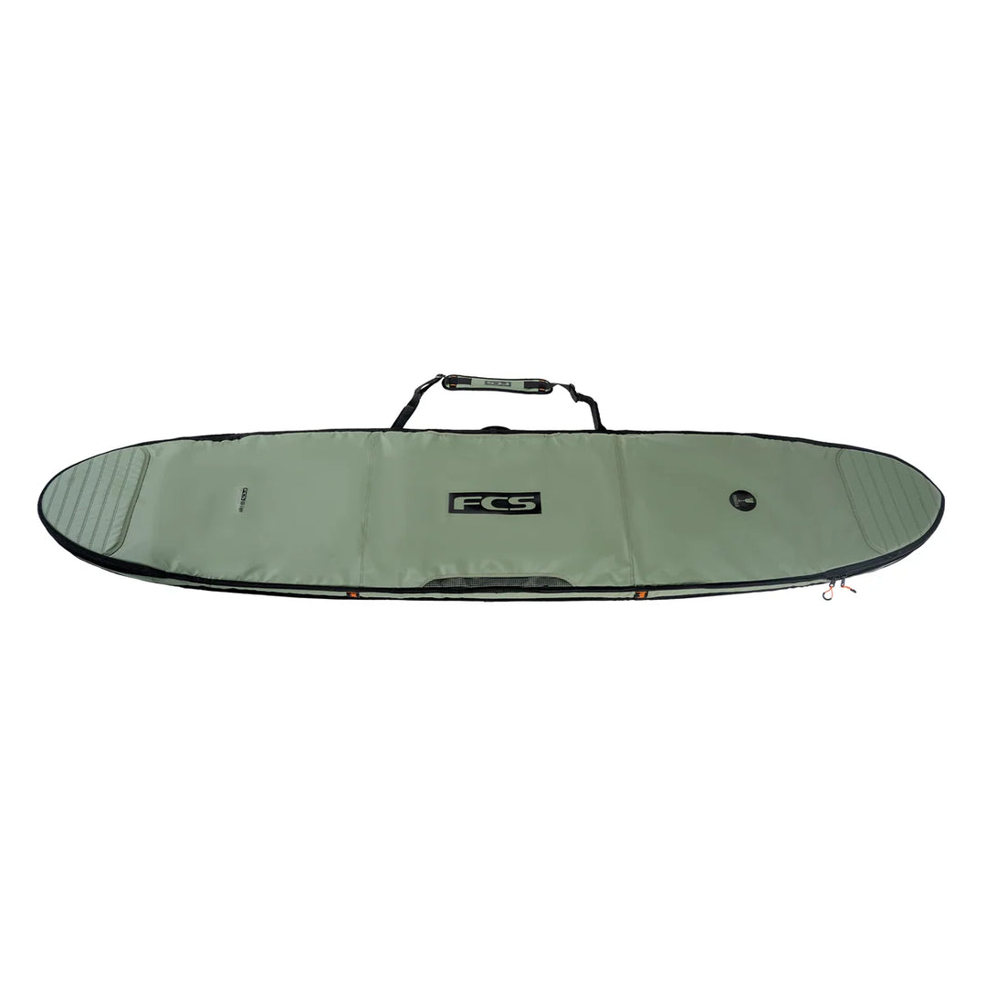 FCS Day-X longboard travel bag in Alpine green, full-length view with carry handle.