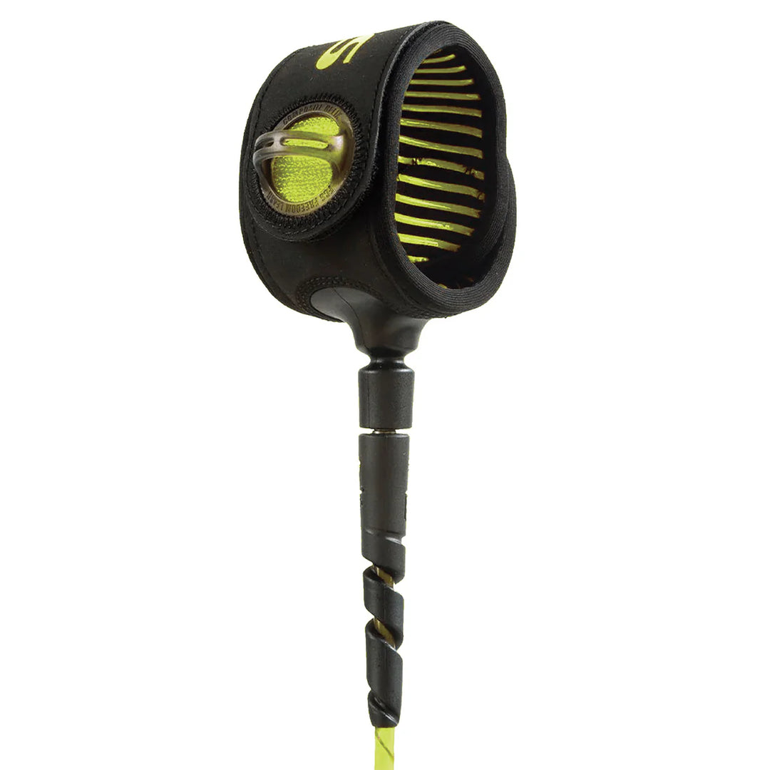 Black and lime-yellow ankle strap of a surfboard leash on a white background