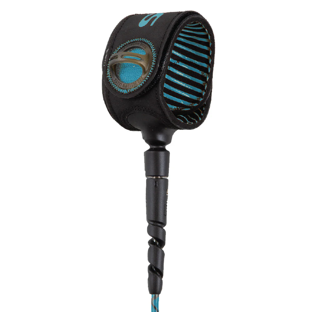 Black and blue ankle strap of a surfboard leash on a white background