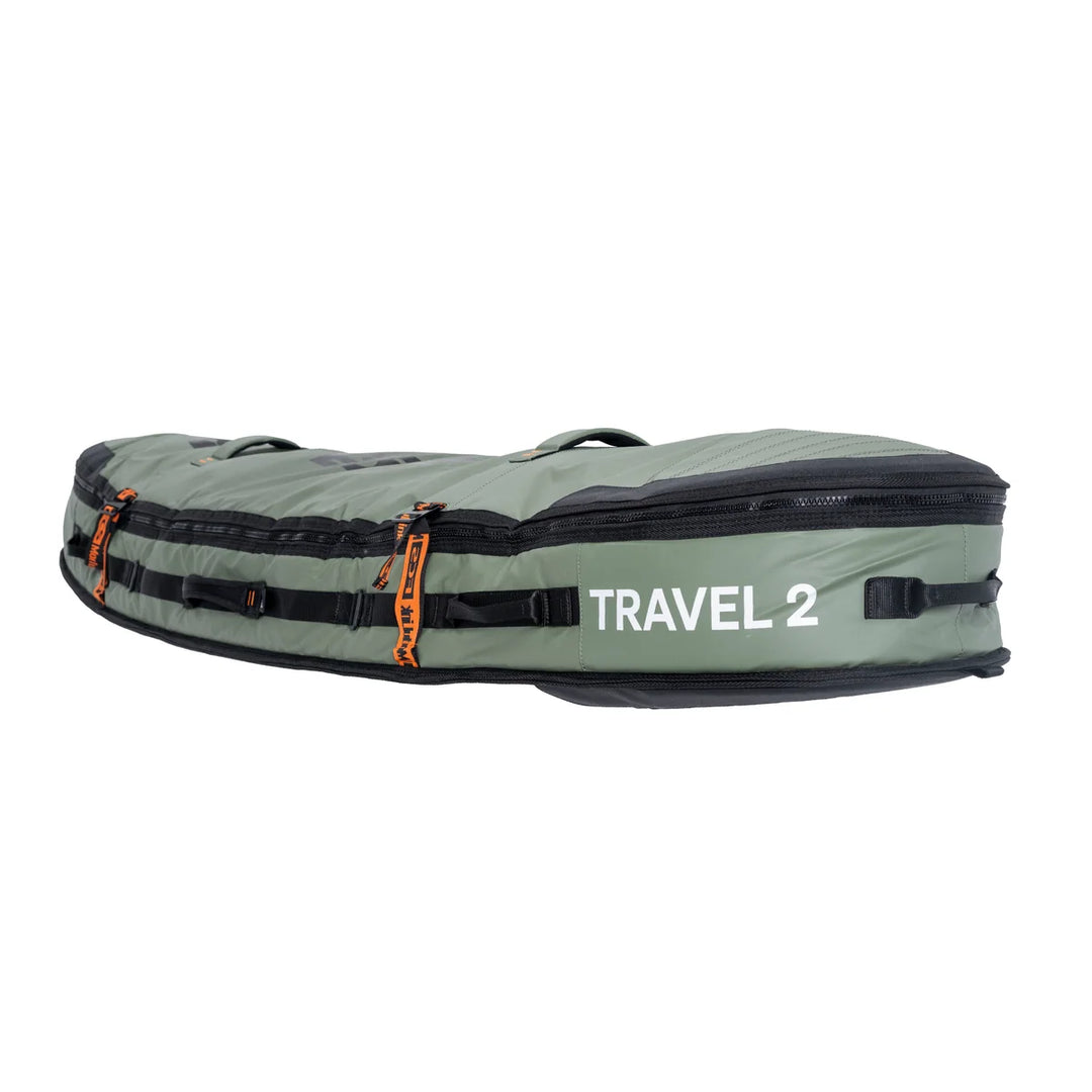 Side view of the Alpine FCS Travel 2 cover, showing the zipper, compression straps and Travel 2 branding.