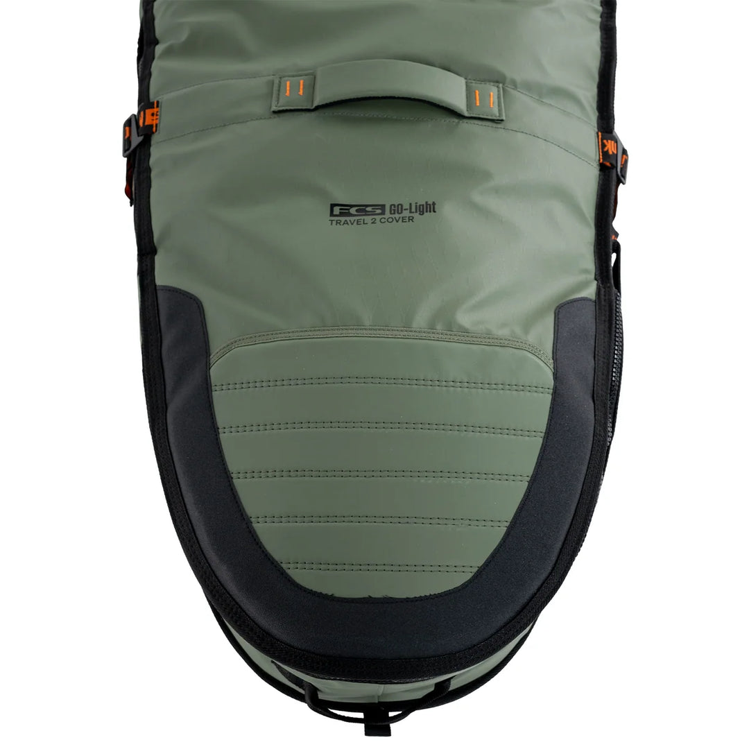 Close-up of the Alpine FCS Travel 2 cover’s reinforced tail panel and carry handle.