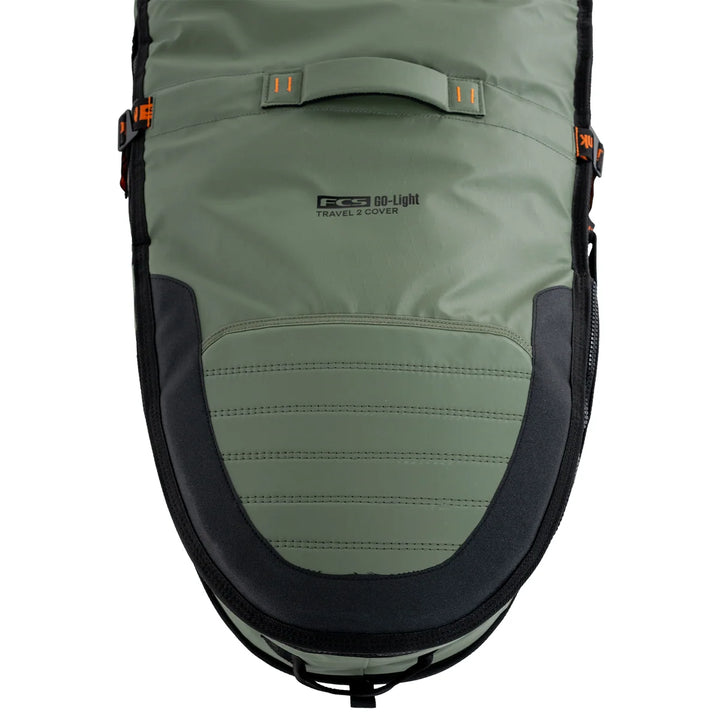 Close-up of the Alpine FCS Travel 2 cover’s reinforced tail panel and carry handle.