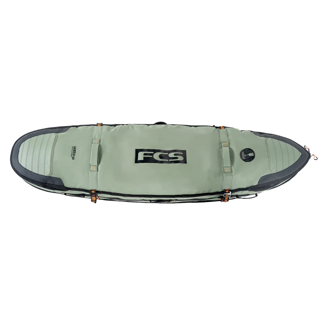 FCS Travel 2 Shortboard/Fish Surfboard Cover in Alpine, top view with carry handles and compression straps.