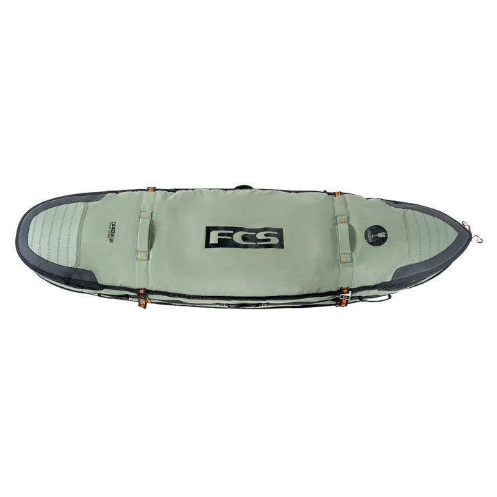 FCS Travel 2 Shortboard/Fish Surfboard Cover in Alpine, top view with carry handles and compression straps.