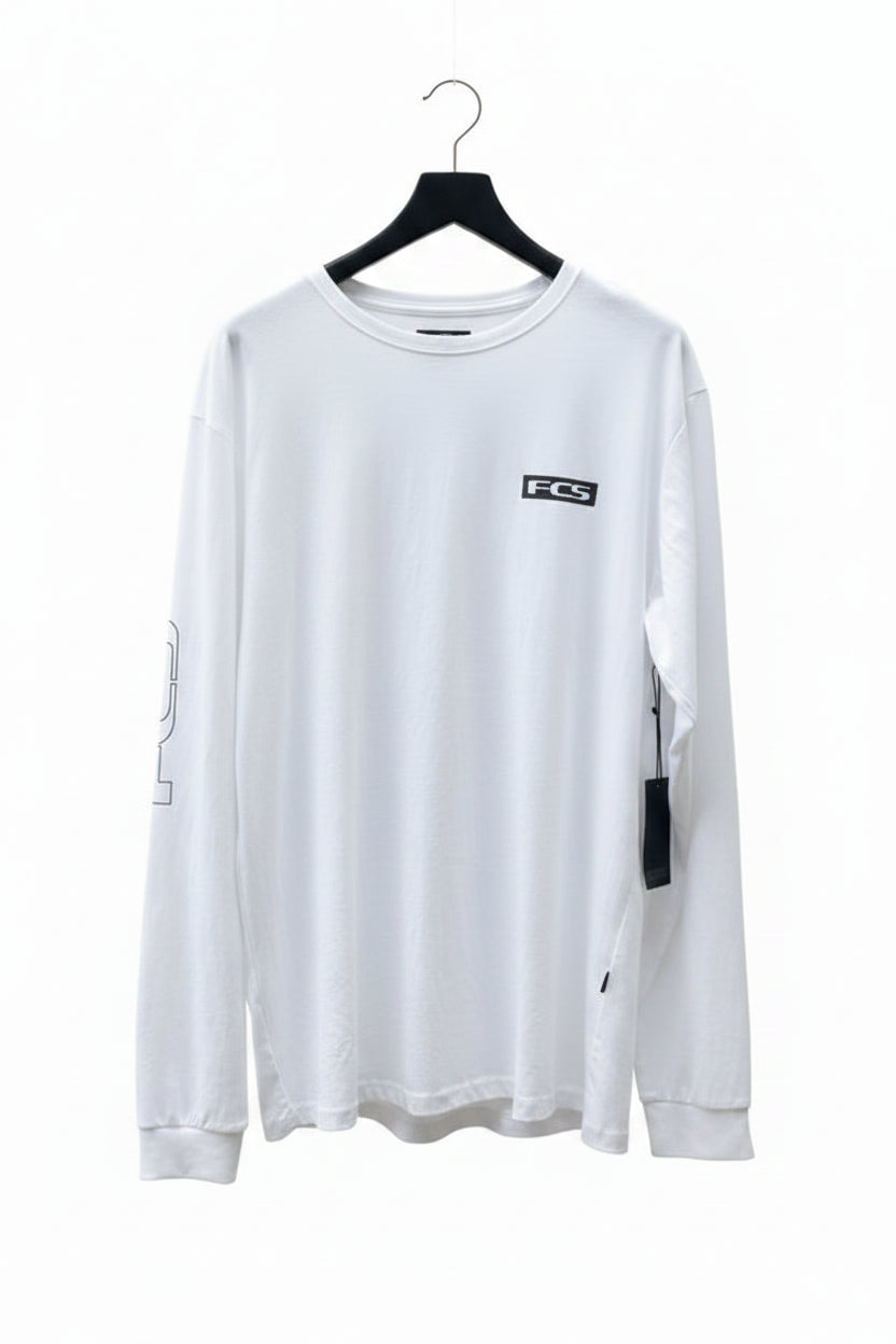 White long-sleeve shirt with a black FCS logo on a hanger against a white background. 
