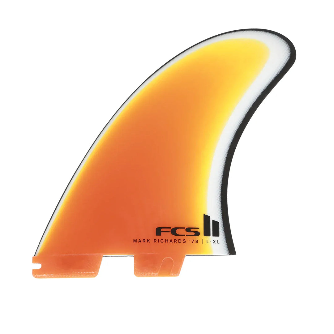 Orange and yellow surfboard fin with 'FCS II' branding on a white background