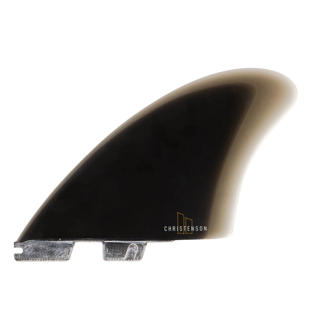 Black and beige surfboard fin with Christenson logo on a white background