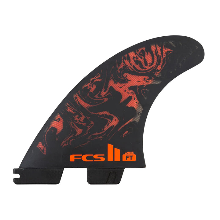 Black and red surf fin with FCS logo on a white background