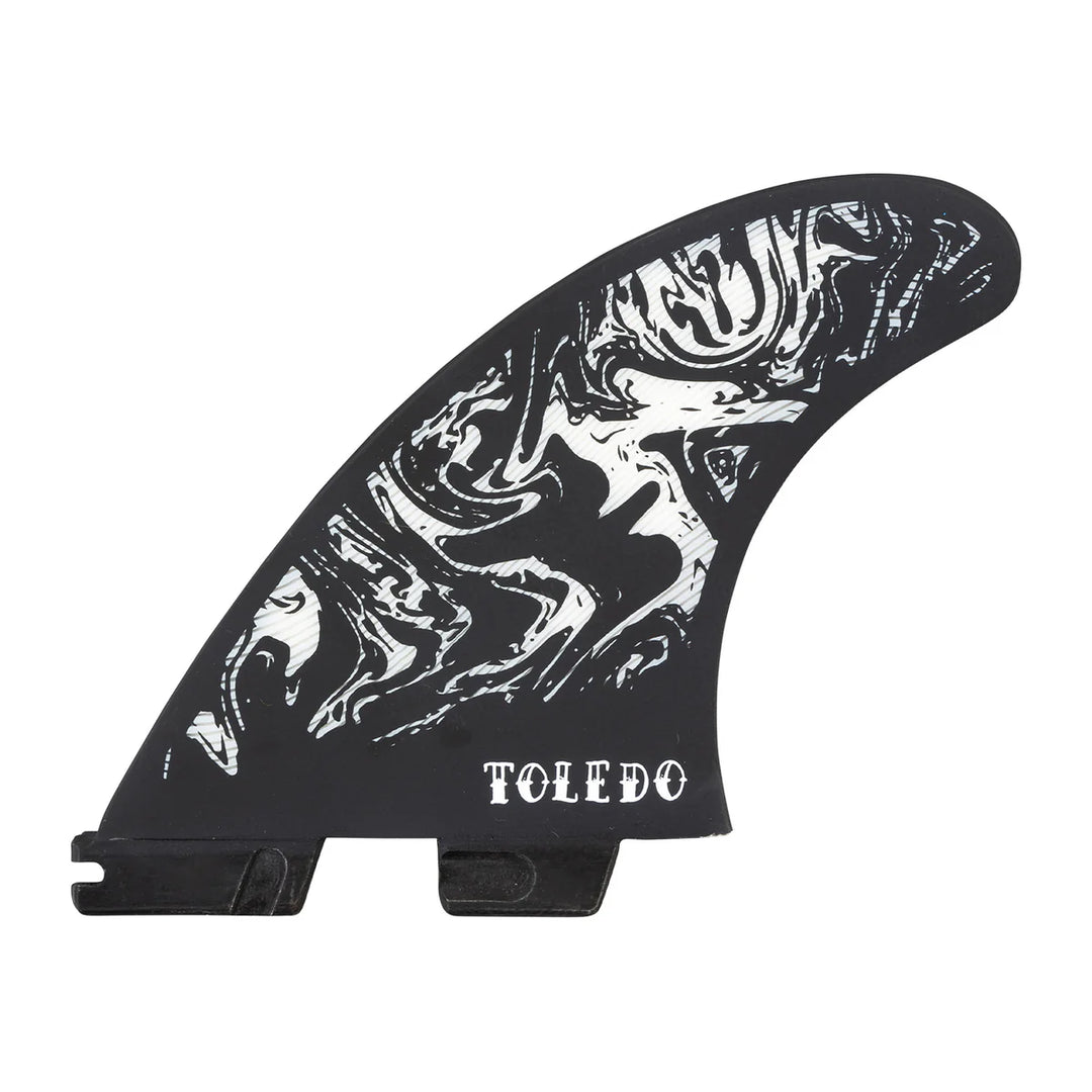 Black and white surfboard fin with &