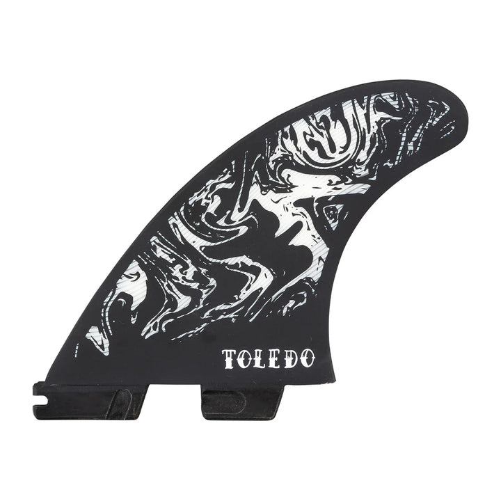 Black and white surfboard fin with &