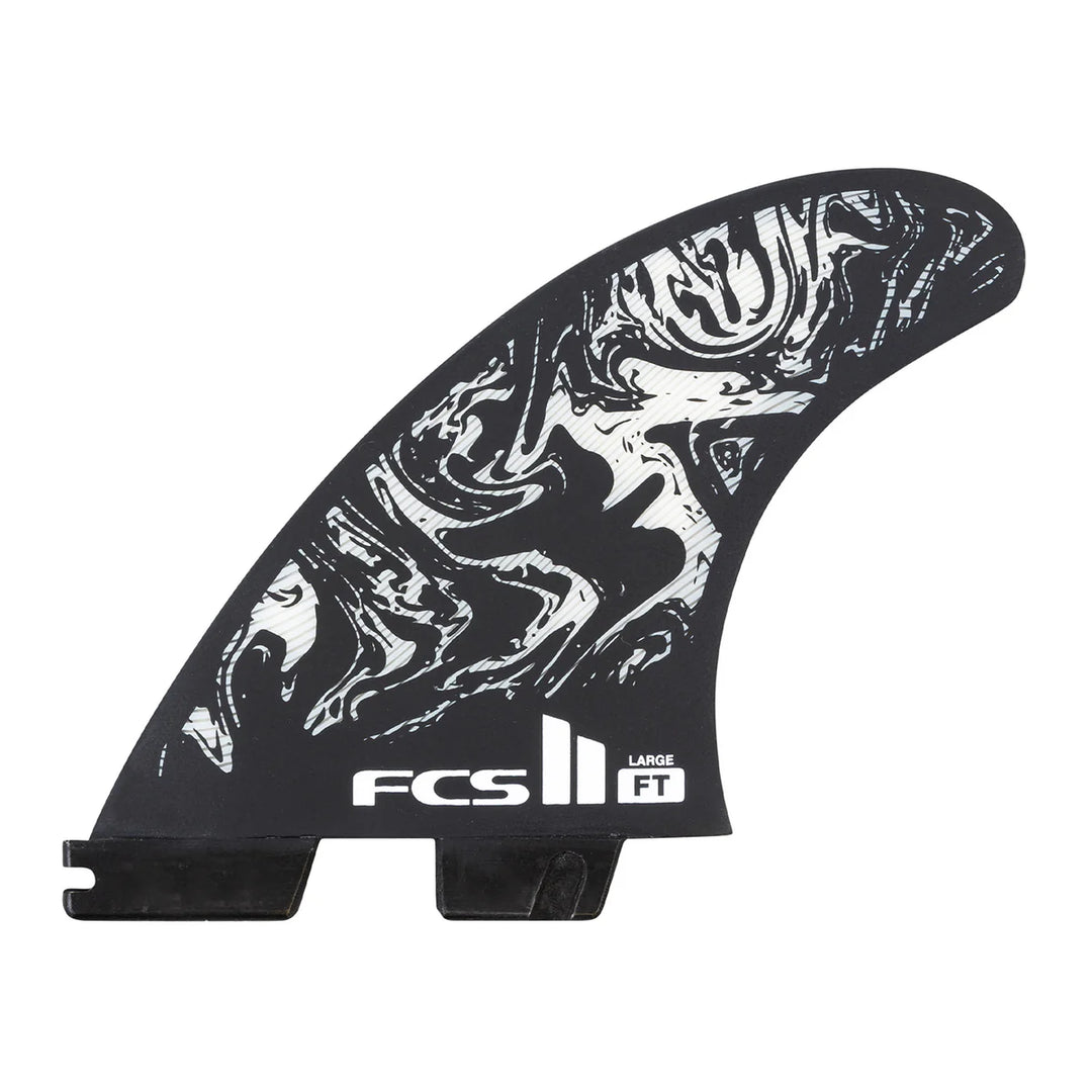 Black and white FCS II surfboard fin on a white background