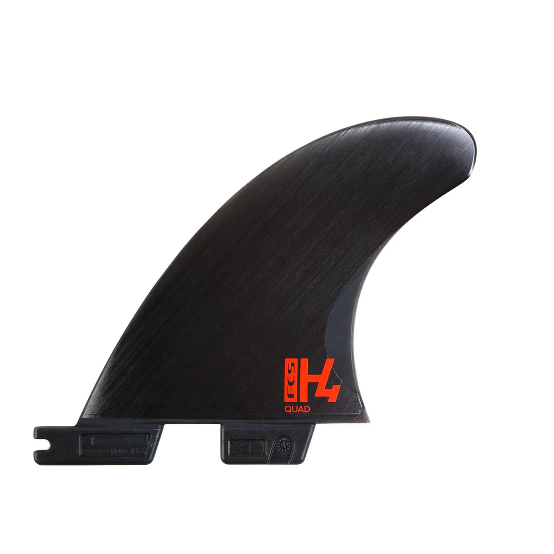 Black surfboard fin with red logo on a white background