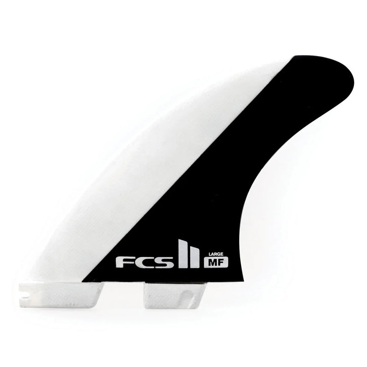 Two black and white surfboard fins with FCS logo on a white background