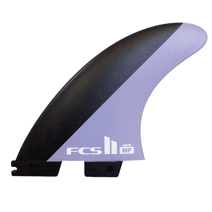 Black and purple surfboard fin with FCS logo on a white background