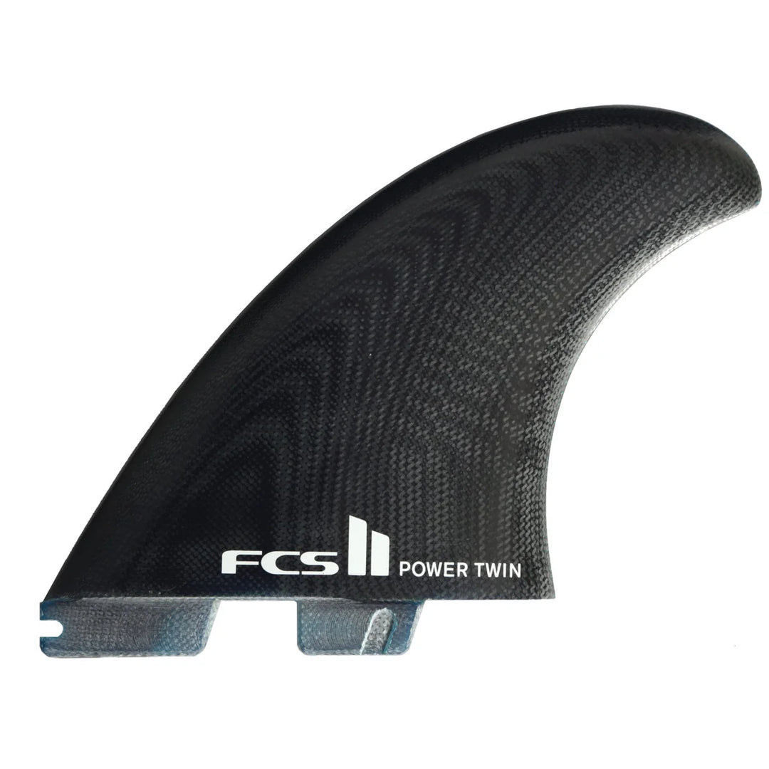 Black FCS II Power Twin surfboard fin on a white background