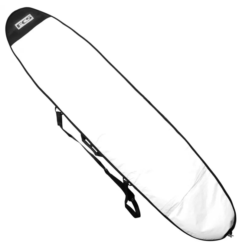 Clear surfboard cover with black strap and FCS logo on a white background