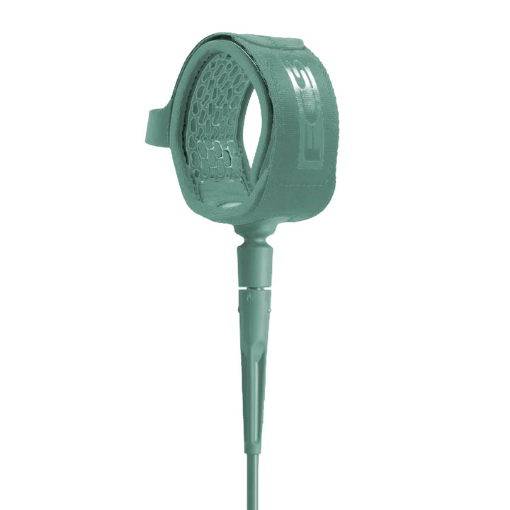 Green coloured leash strap with a FCS brand logo on a white background
