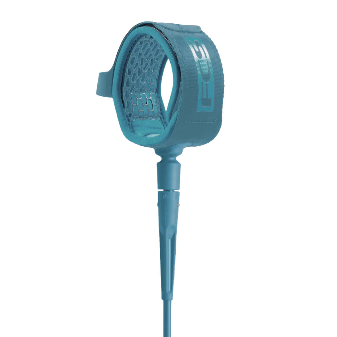 Teal surfboard leash with a white background