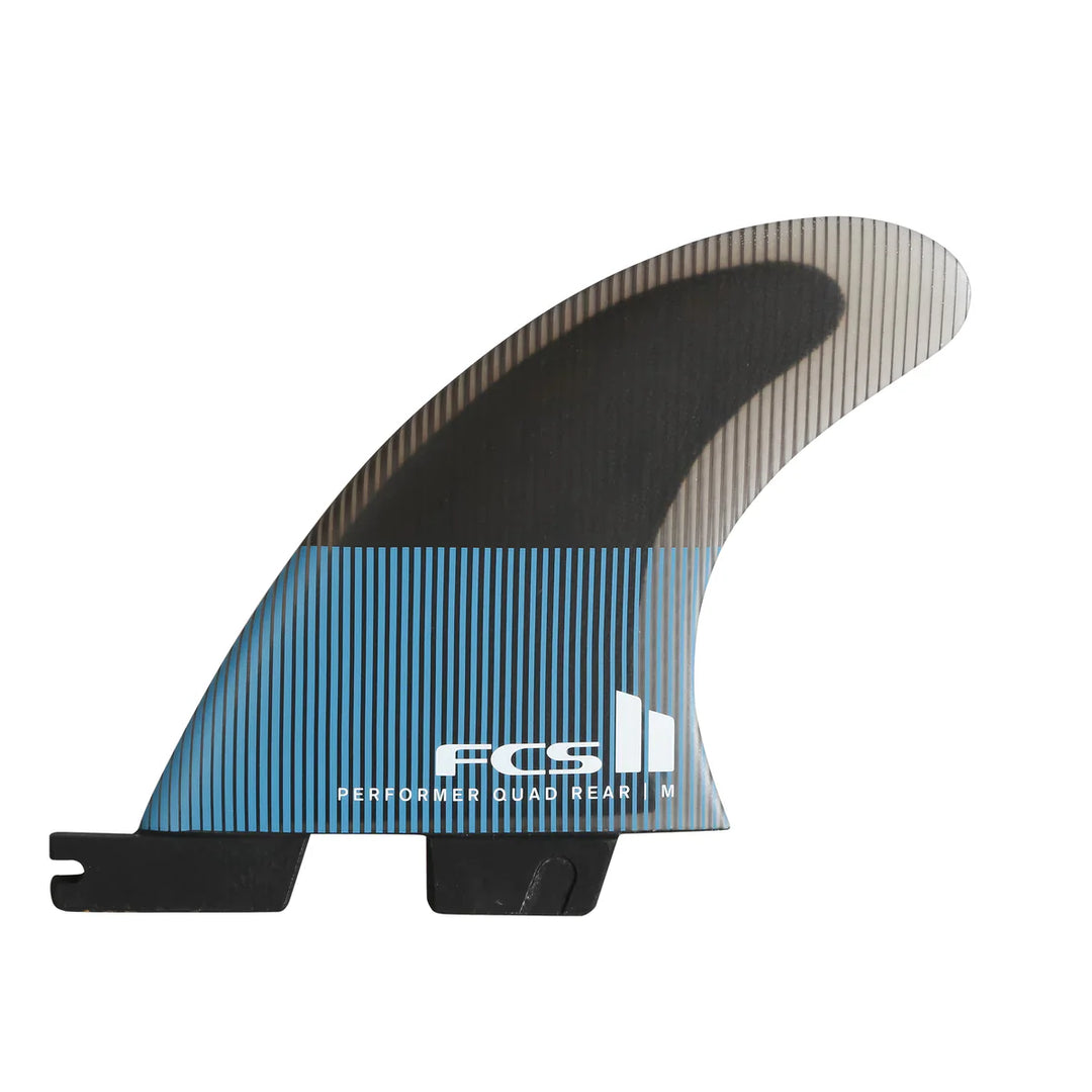 Surfboard fin with blue and black design on a white background