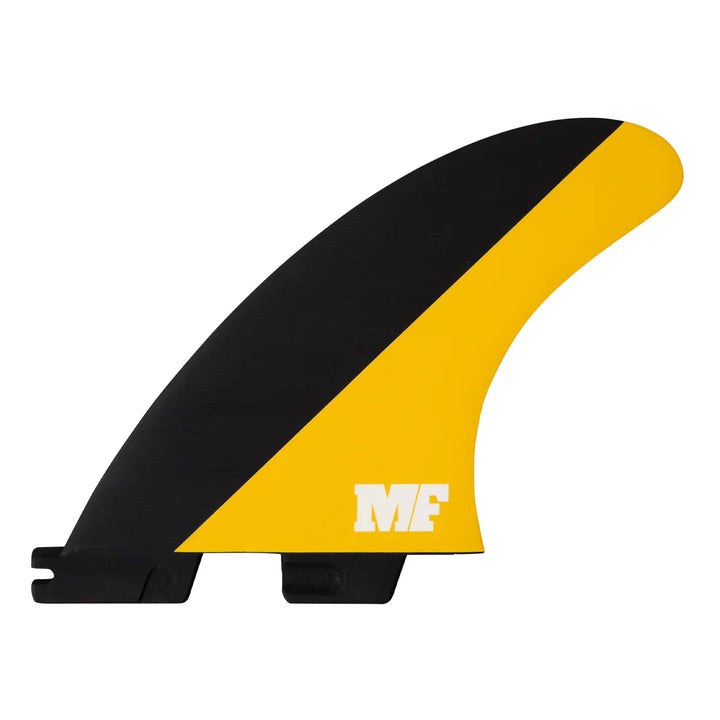 Black and yellow surfboard fin with &