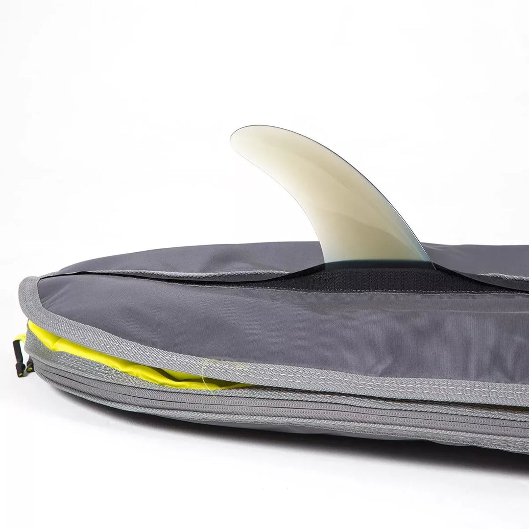 Grey surfboard bag with a white fin on a white background