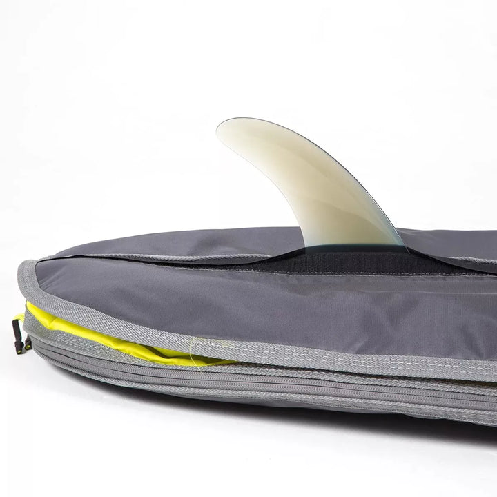 Grey surfboard bag with a white fin on a white background