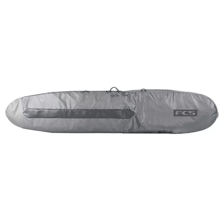 Grey surfboard bag with FCS logo on a white background