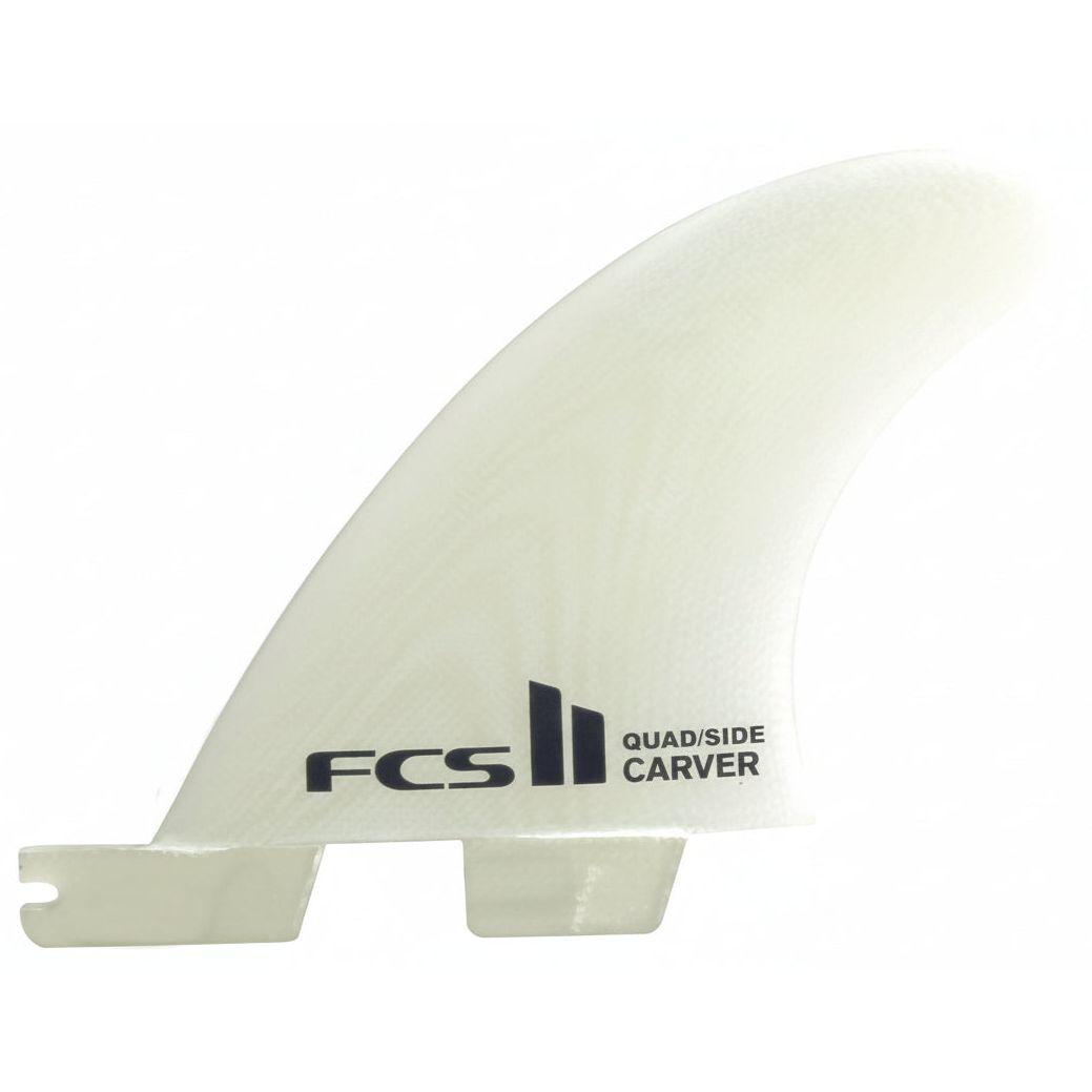 White surf fin with 'FCS' branding on a white background
